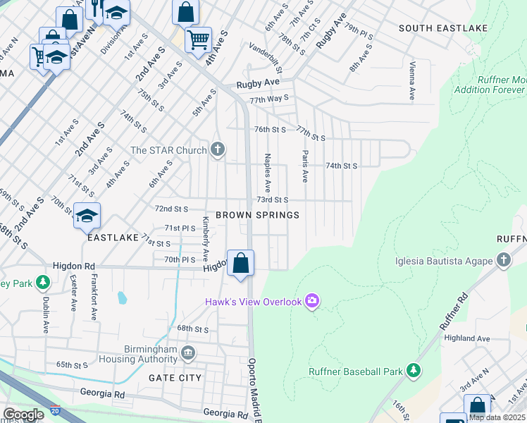 map of restaurants, bars, coffee shops, grocery stores, and more near 7225 Naples Avenue in Birmingham