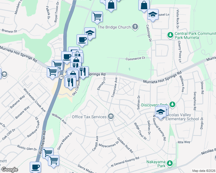 map of restaurants, bars, coffee shops, grocery stores, and more near 30163 Destiny Drive in Murrieta