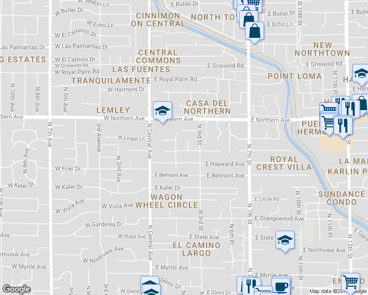 map of restaurants, bars, coffee shops, grocery stores, and more near 136 East Desert Park Lane in Phoenix