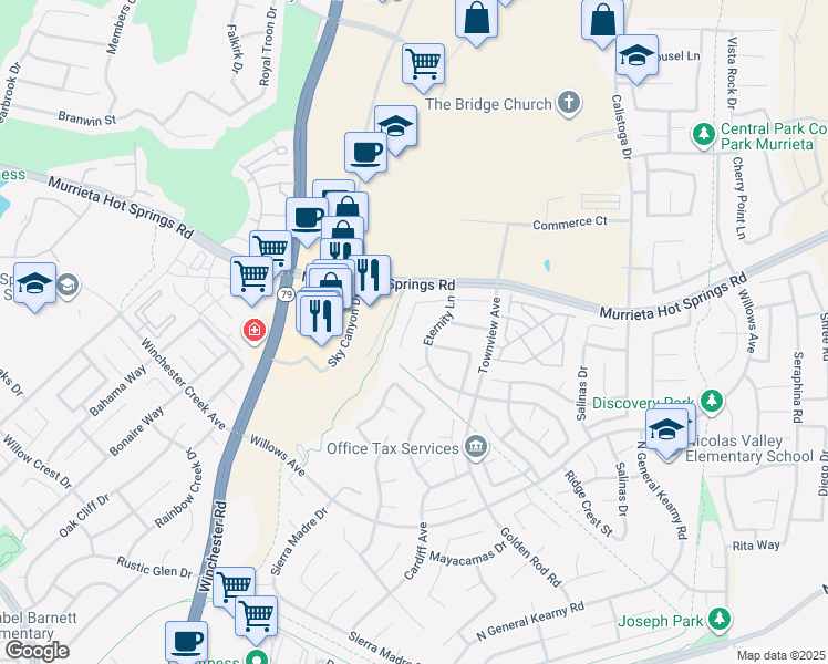 map of restaurants, bars, coffee shops, grocery stores, and more near 39304 Memory Drive in Murrieta