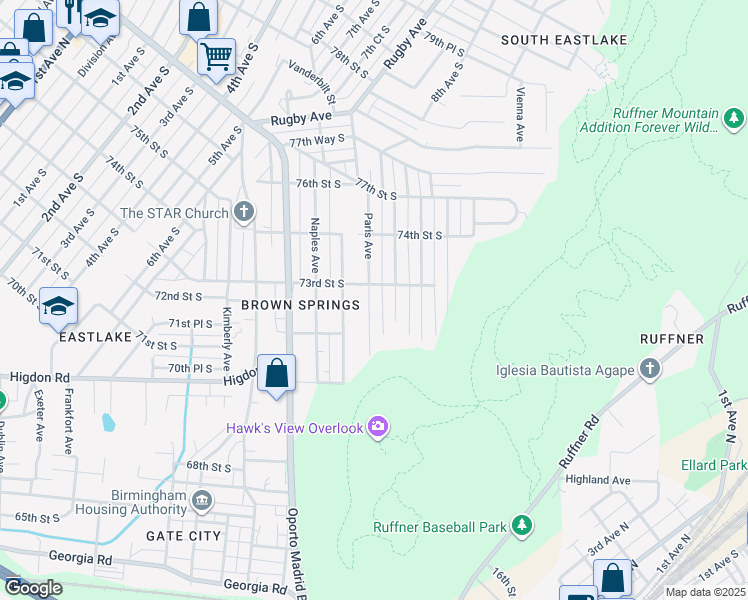 map of restaurants, bars, coffee shops, grocery stores, and more near 7228 Queenstown Avenue in Birmingham
