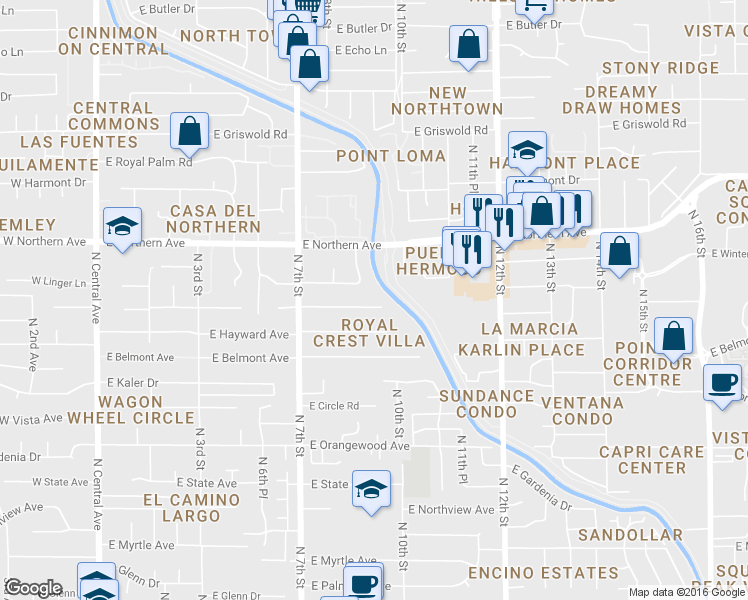 map of restaurants, bars, coffee shops, grocery stores, and more near 828 East Desert Park Lane in Phoenix