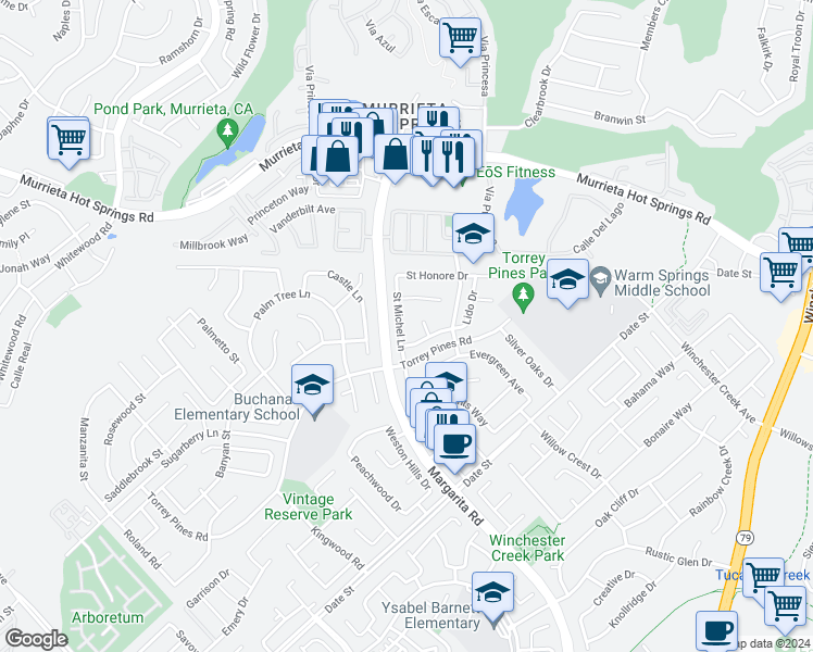 map of restaurants, bars, coffee shops, grocery stores, and more near 26452 Saint Michel Lane in Murrieta