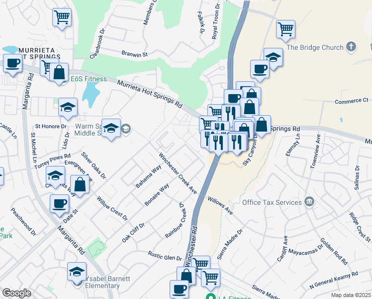 map of restaurants, bars, coffee shops, grocery stores, and more near 26947 Amber Glen Street in Murrieta
