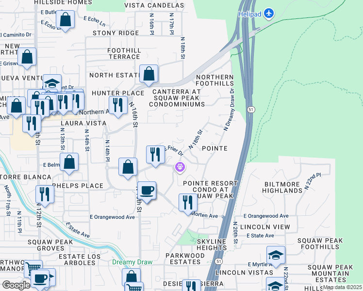 map of restaurants, bars, coffee shops, grocery stores, and more near 1750 East Frier Drive in Phoenix