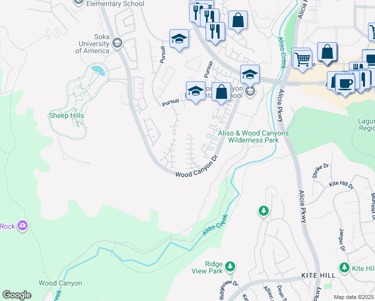 map of restaurants, bars, coffee shops, grocery stores, and more near 47 Colony Way in Aliso Viejo