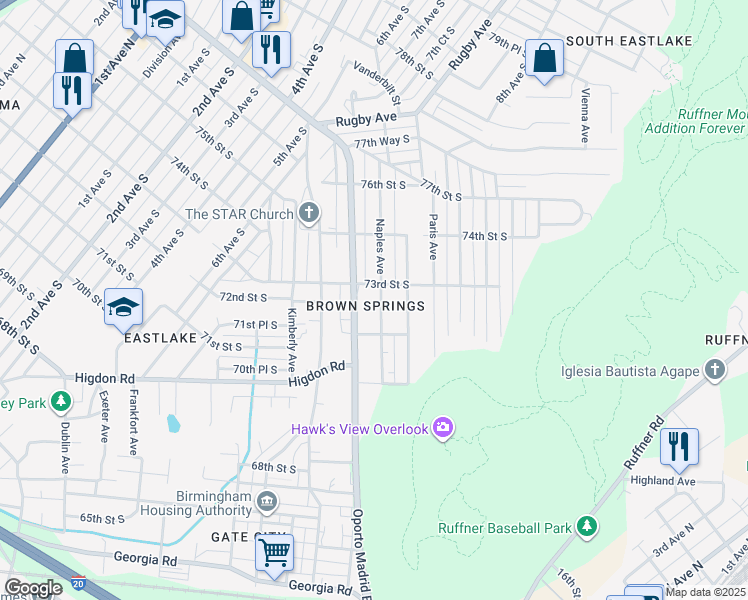 map of restaurants, bars, coffee shops, grocery stores, and more near 7225 Naples Avenue in Birmingham