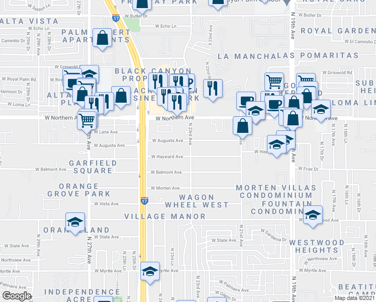 map of restaurants, bars, coffee shops, grocery stores, and more near 7734 North 23rd Avenue in Phoenix