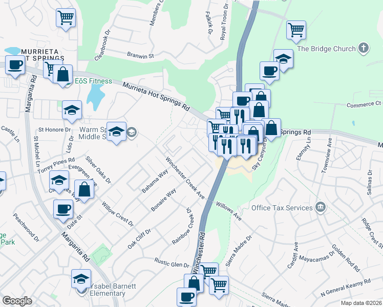 map of restaurants, bars, coffee shops, grocery stores, and more near 26954 Amber Glen Street in Murrieta