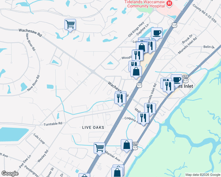 map of restaurants, bars, coffee shops, grocery stores, and more near 4626 Lomax Court in Murrells Inlet