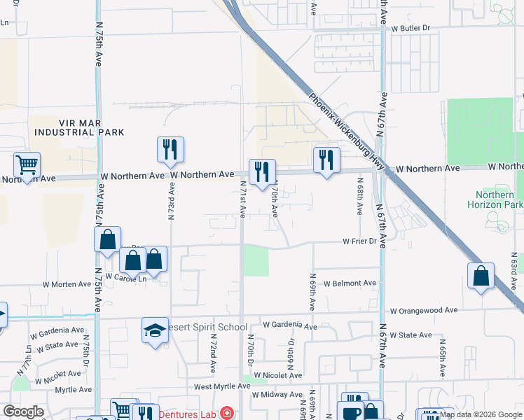 map of restaurants, bars, coffee shops, grocery stores, and more near 7040 West Augusta Avenue in Glendale