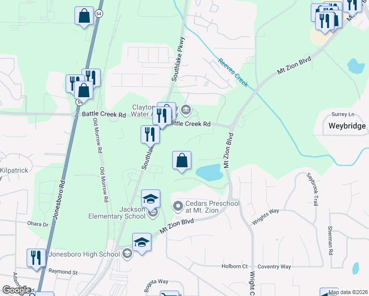map of restaurants, bars, coffee shops, grocery stores, and more near 213 Commons Drive in Jonesboro