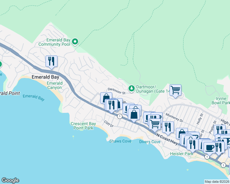 map of restaurants, bars, coffee shops, grocery stores, and more near 383 Dartmoor Street in Laguna Beach
