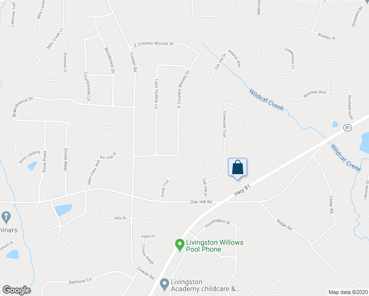 map of restaurants, bars, coffee shops, grocery stores, and more near 130 East Country Woods Drive in Covington