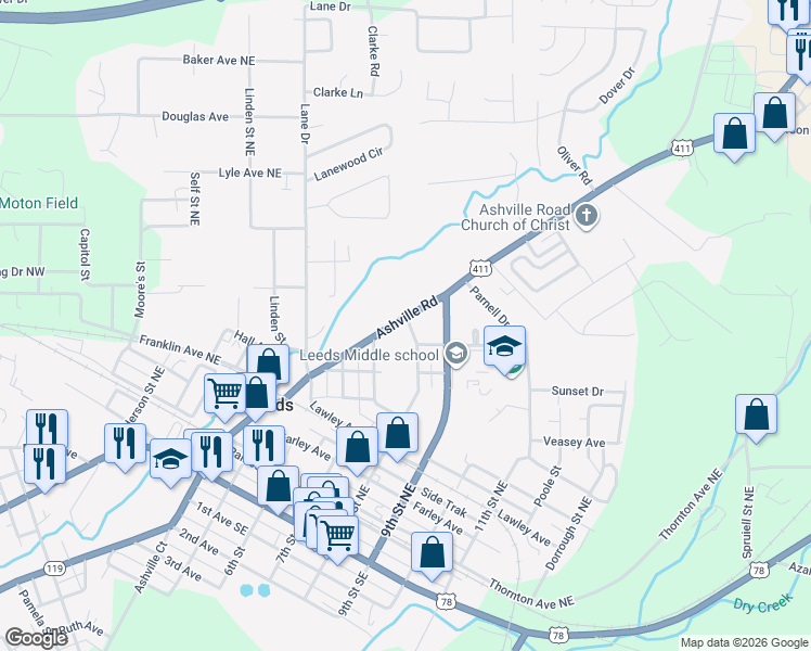 map of restaurants, bars, coffee shops, grocery stores, and more near 1183 Ashville Road Northeast in Leeds