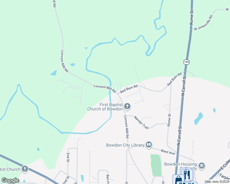 map of restaurants, bars, coffee shops, grocery stores, and more near 131 Seminole Trail in Bowdon