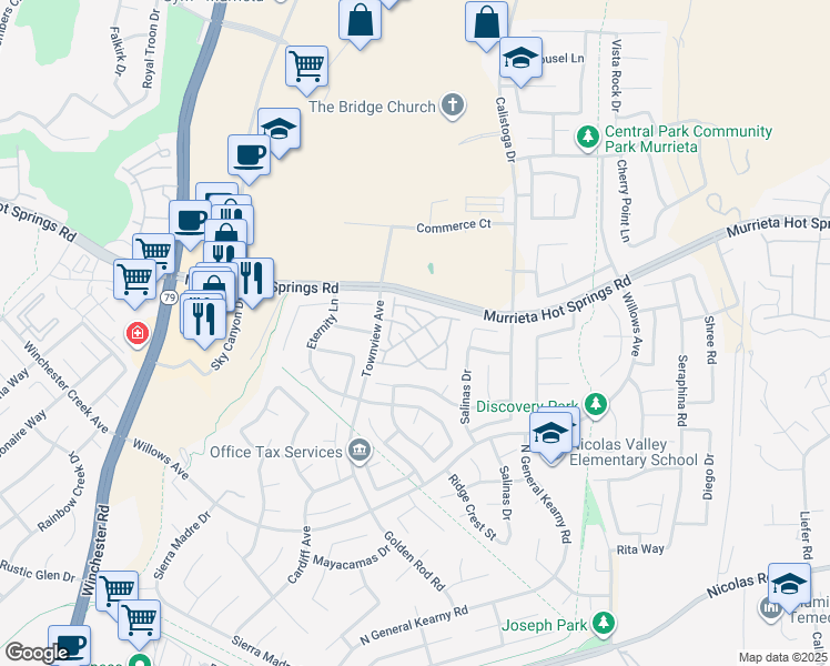 map of restaurants, bars, coffee shops, grocery stores, and more near 39164 Flamingo Bay in Murrieta