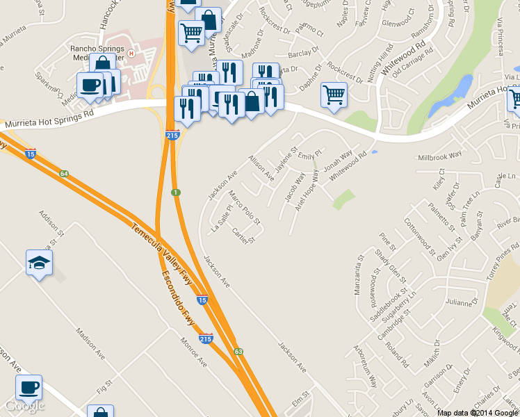 map of restaurants, bars, coffee shops, grocery stores, and more near 40418 Hannah Way in Murrieta