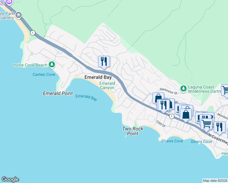 map of restaurants, bars, coffee shops, grocery stores, and more near 47 Emerald Bay in Laguna Beach