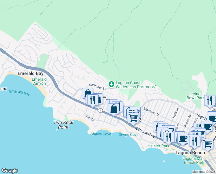 map of restaurants, bars, coffee shops, grocery stores, and more near 535 Dunnegan Drive in Laguna Beach