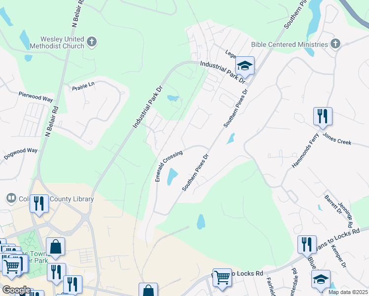 map of restaurants, bars, coffee shops, grocery stores, and more near 606 Emerald Crossing in Evans