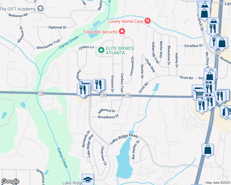 map of restaurants, bars, coffee shops, grocery stores, and more near 7486 Grayson Drive in Riverdale