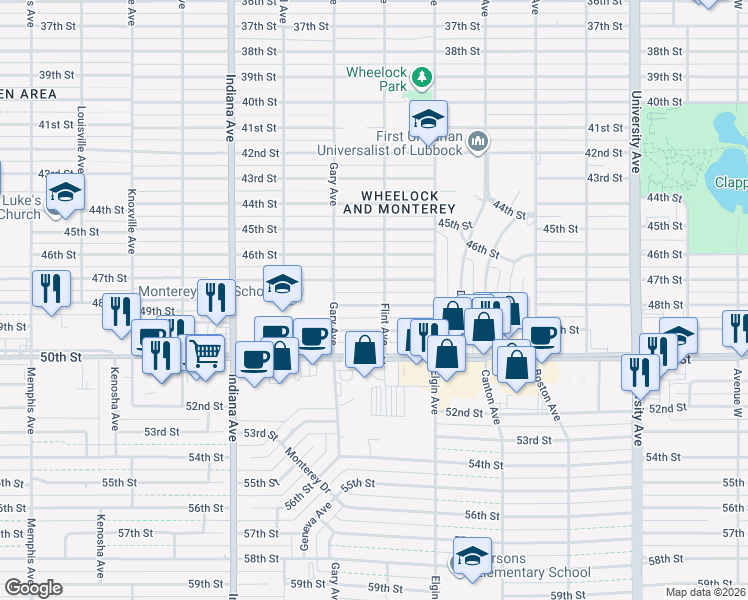 map of restaurants, bars, coffee shops, grocery stores, and more near 3101 48th Street in Lubbock