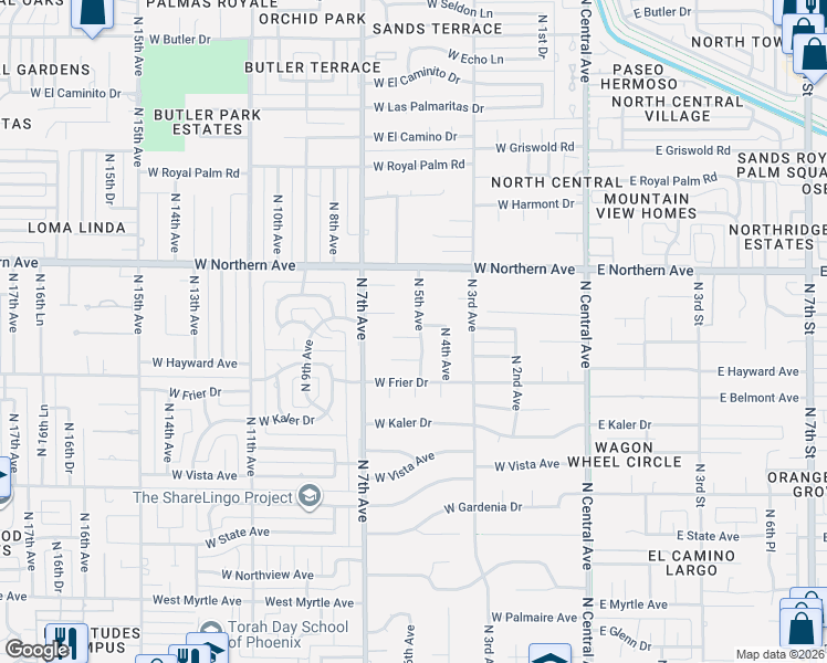 map of restaurants, bars, coffee shops, grocery stores, and more near 7741 North 5th Avenue in Phoenix