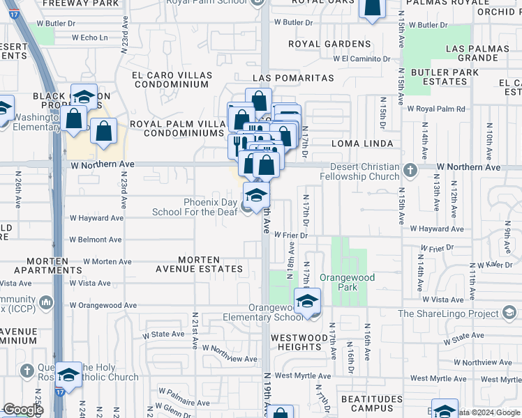 map of restaurants, bars, coffee shops, grocery stores, and more near 7747 North 19th Avenue in Phoenix