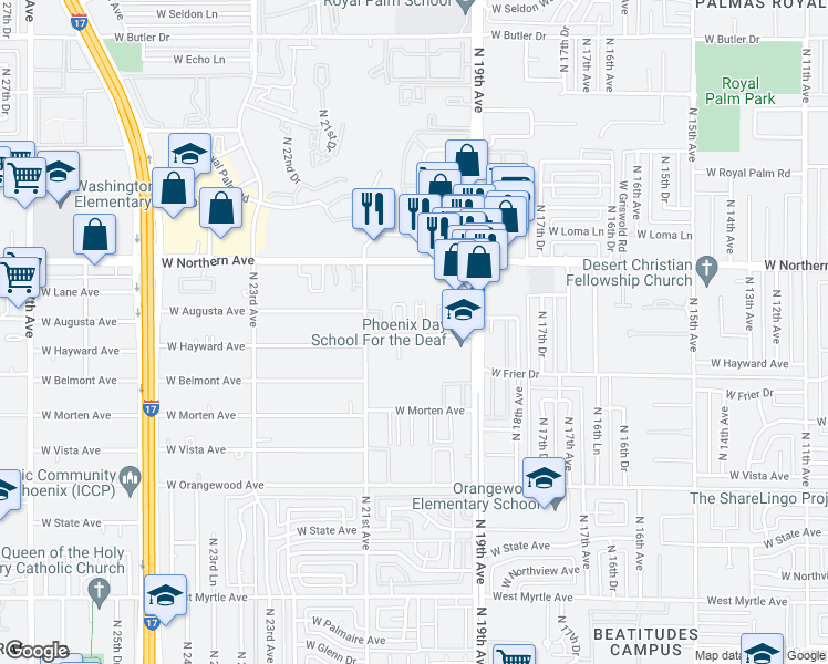 map of restaurants, bars, coffee shops, grocery stores, and more near 2011 West Hayward Avenue in Phoenix