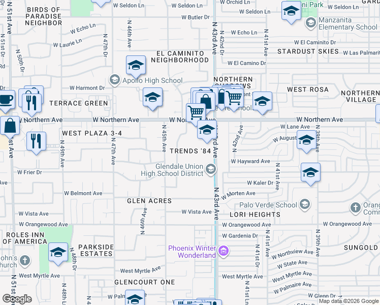 map of restaurants, bars, coffee shops, grocery stores, and more near Unnamed Road in Glendale