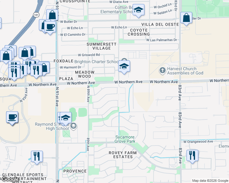 map of restaurants, bars, coffee shops, grocery stores, and more near 8673 West Augusta Avenue in Glendale