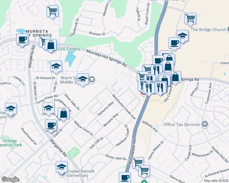 map of restaurants, bars, coffee shops, grocery stores, and more near 26900 Winchester Creek Avenue in Murrieta