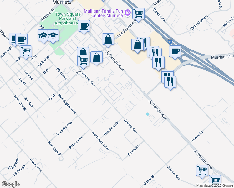 map of restaurants, bars, coffee shops, grocery stores, and more near 25292 Adams Avenue in Murrieta