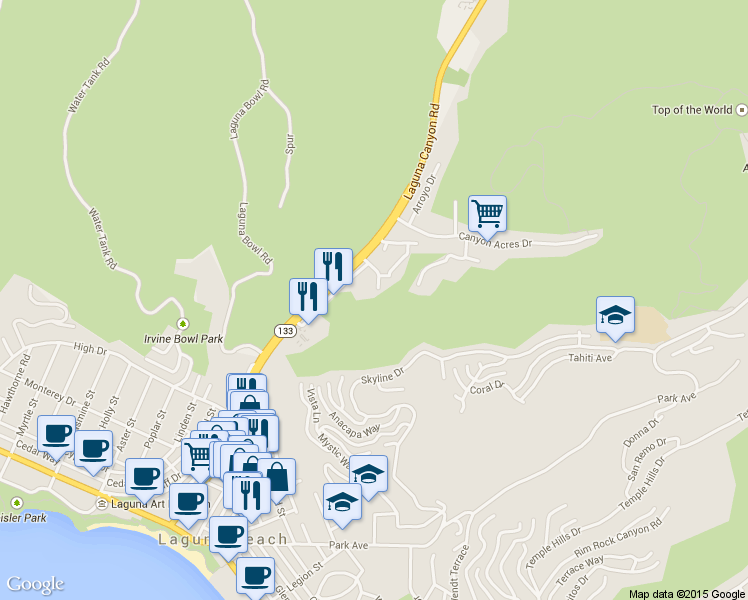 map of restaurants, bars, coffee shops, grocery stores, and more near 245 Woodland Drive in Laguna Beach