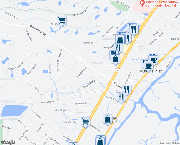 map of restaurants, bars, coffee shops, grocery stores, and more near 4626 Lomax Court in Murrells Inlet