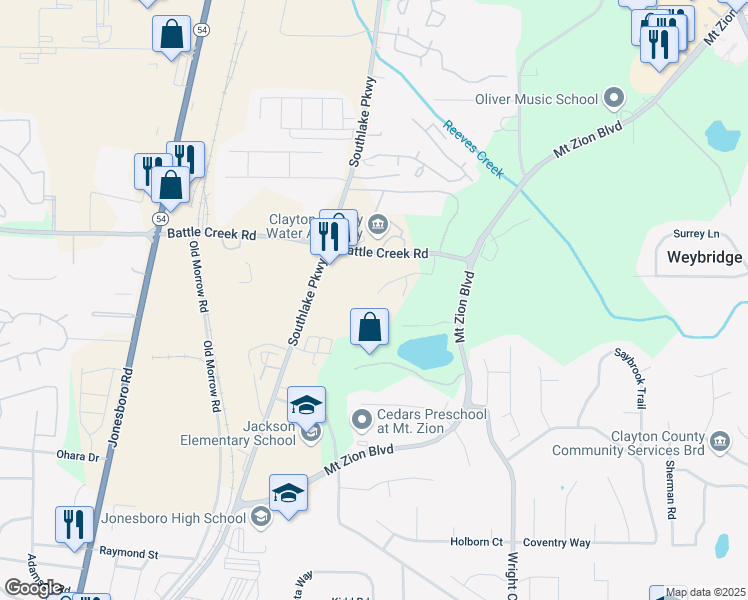 map of restaurants, bars, coffee shops, grocery stores, and more near 213 Commons Drive in Jonesboro