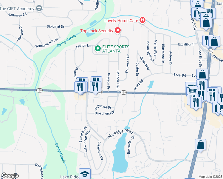 map of restaurants, bars, coffee shops, grocery stores, and more near 7486 Grayson Drive in Riverdale