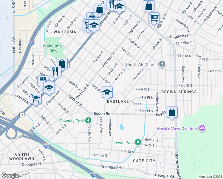 map of restaurants, bars, coffee shops, grocery stores, and more near 7017 4th Avenue South in Birmingham