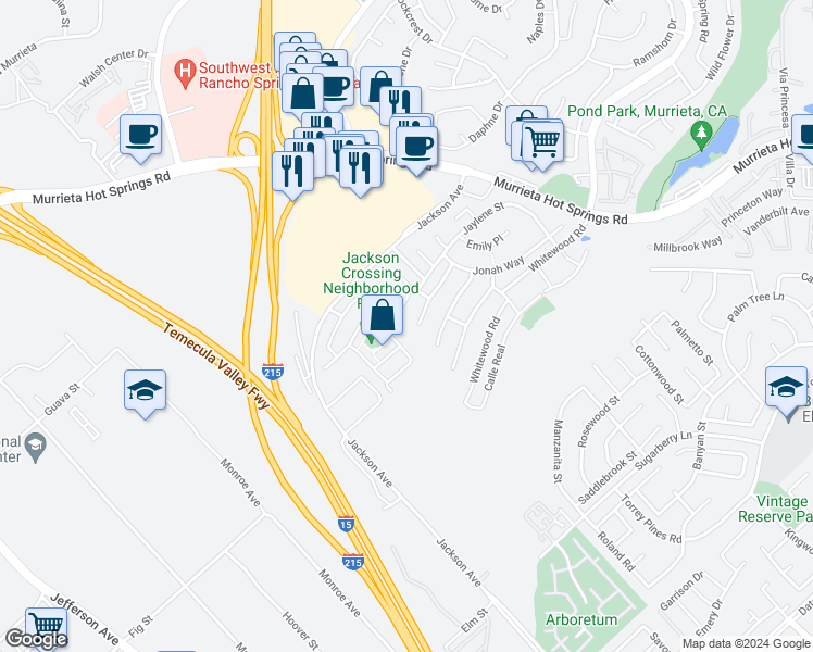 map of restaurants, bars, coffee shops, grocery stores, and more near 40418 Hannah Way in Murrieta