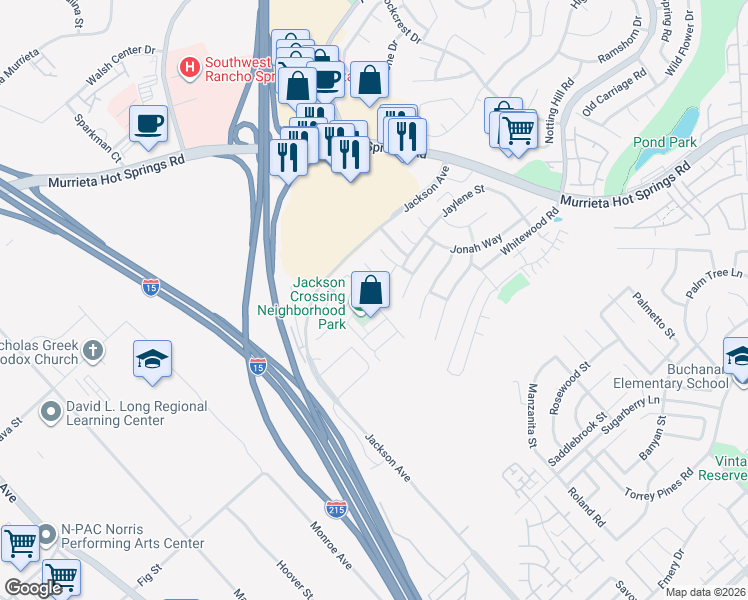 map of restaurants, bars, coffee shops, grocery stores, and more near 25944 Marco Polo Street in Murrieta