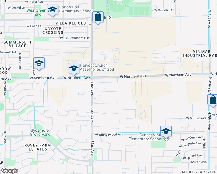map of restaurants, bars, coffee shops, grocery stores, and more near 8139 West Lane Avenue in Glendale