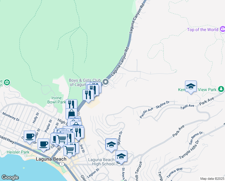 map of restaurants, bars, coffee shops, grocery stores, and more near 245 Woodland Drive in Laguna Beach