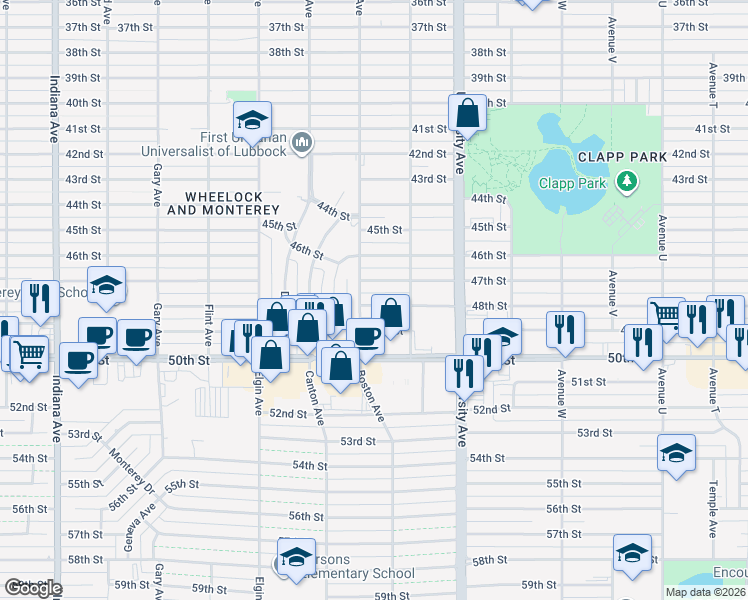 map of restaurants, bars, coffee shops, grocery stores, and more near 2616 48th Street in Lubbock