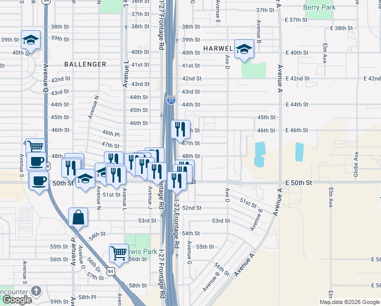 map of restaurants, bars, coffee shops, grocery stores, and more near 813 48th Street in Lubbock