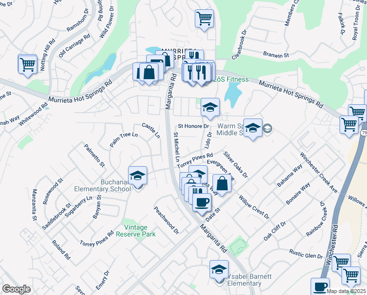 map of restaurants, bars, coffee shops, grocery stores, and more near 39864 Cote D Azure in Murrieta