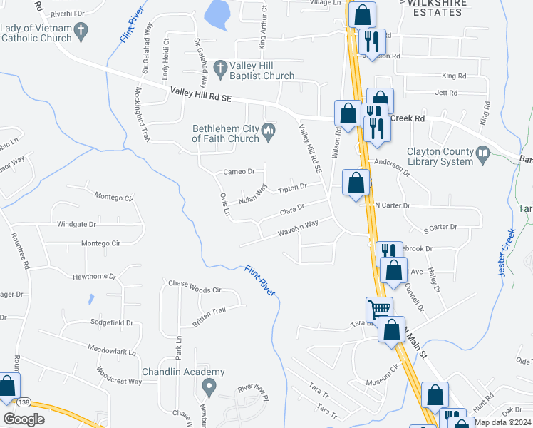 map of restaurants, bars, coffee shops, grocery stores, and more near 466 Clara Drive in Riverdale