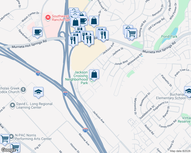 map of restaurants, bars, coffee shops, grocery stores, and more near 25944 Marco Polo Street in Murrieta