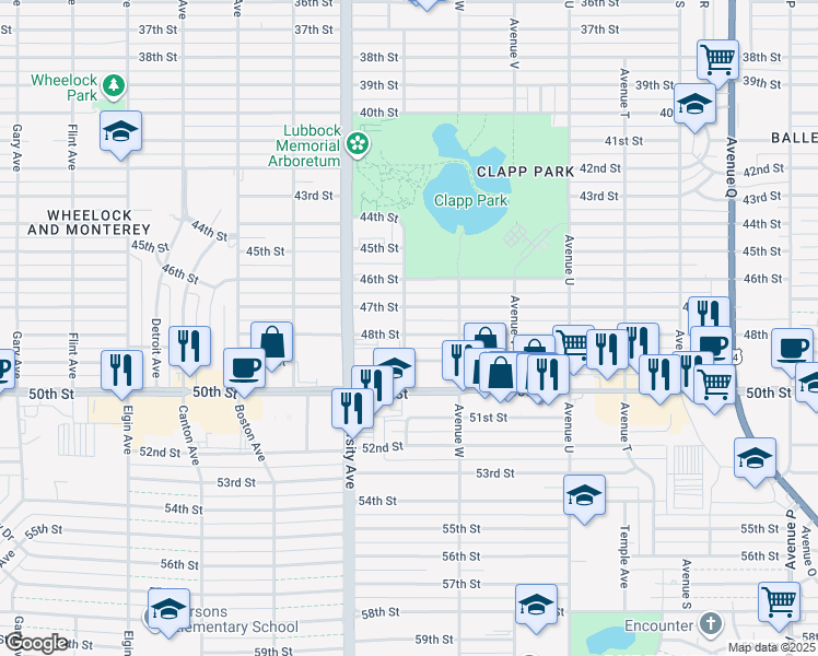 map of restaurants, bars, coffee shops, grocery stores, and more near 2320 48th Street in Lubbock