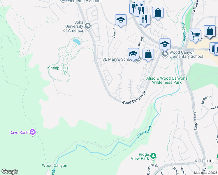 map of restaurants, bars, coffee shops, grocery stores, and more near 23 Cottage Lane in Aliso Viejo